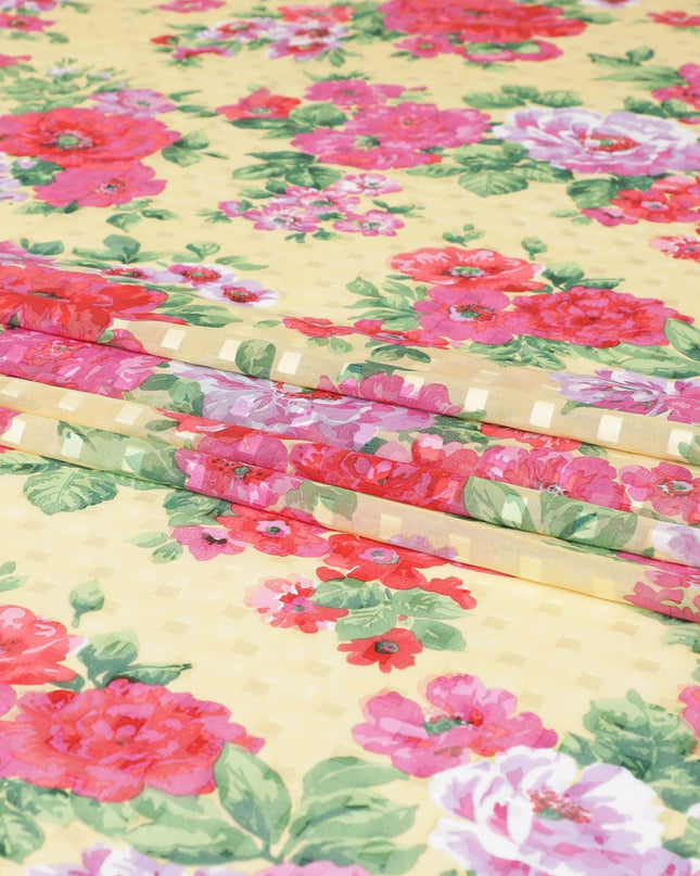 Blonde yellow Swiss cotton voile fabric with olive green, hot pink and ruby red floral print having clip cord design-D6777
