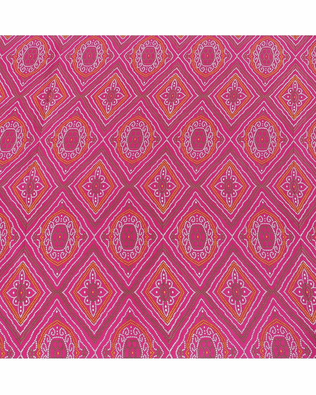 Magenta pink silk crepe fabric with olive green, white and mustard print in abstract design-D6427 Regal Fabrics
