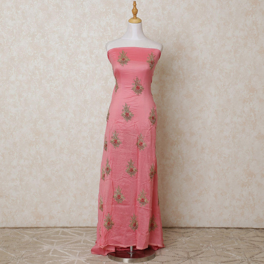 Coral pink blended cotton lawn fabric with beige pearls, gold and red embroidery in floral design-D12111
