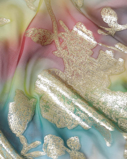 شيفون من الحرير الخالص متعدد الألوان مع لوريكس معدني ذهبي بتصميم الأزهار-D11382
