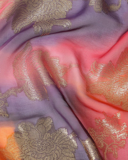 قماش شيفون حريري فرنسي (فرنساوي) فاخر متعدد الألوان مع لوركس معدني ذهبي بتصميم زهور-D14004