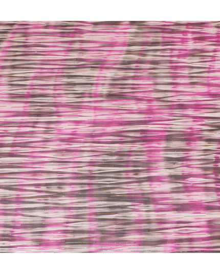 قماش شيفون من الحرير الخالص باللون الأبيض الفاتح مع طباعة باللون الوردي والأسود مع لوريكس معدني ذهبي وفضي بتصميم مخطط - D13981