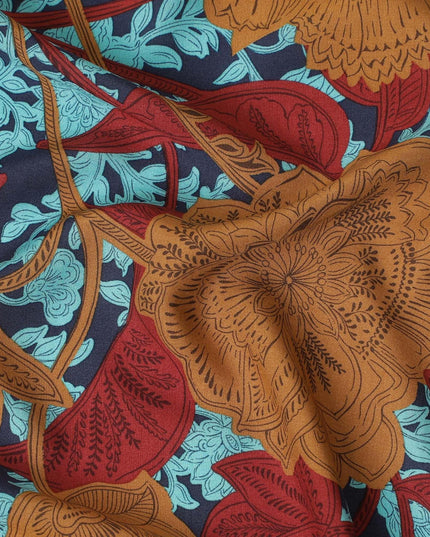 Blue premium Italian viscose fabric with multicolor print in floral design-D12532
