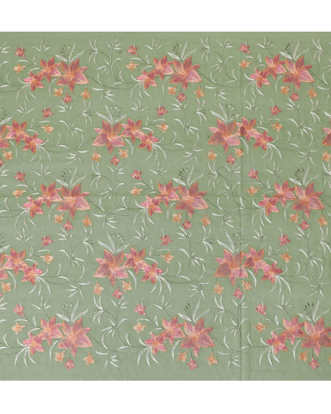 قماش الفوال القطني الخالص الفاخر باللون الأخضر الداكن بنفس اللون والتطريز باللون الأخضر الخوخي والنعناع بتصميم الأزهار-D15246