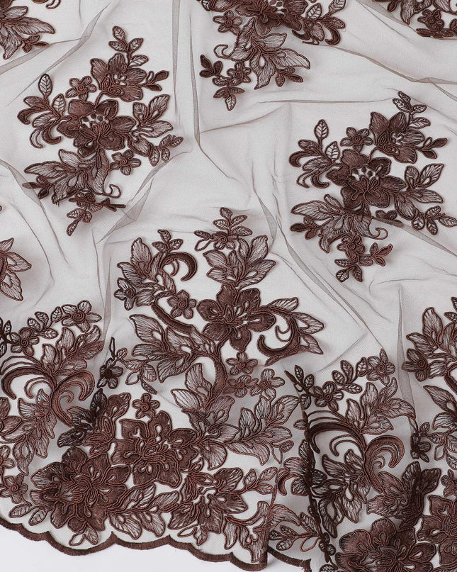 قماش تول نايلون بني مع تطريز بنفس اللون بتصميم الأزهار-D11709