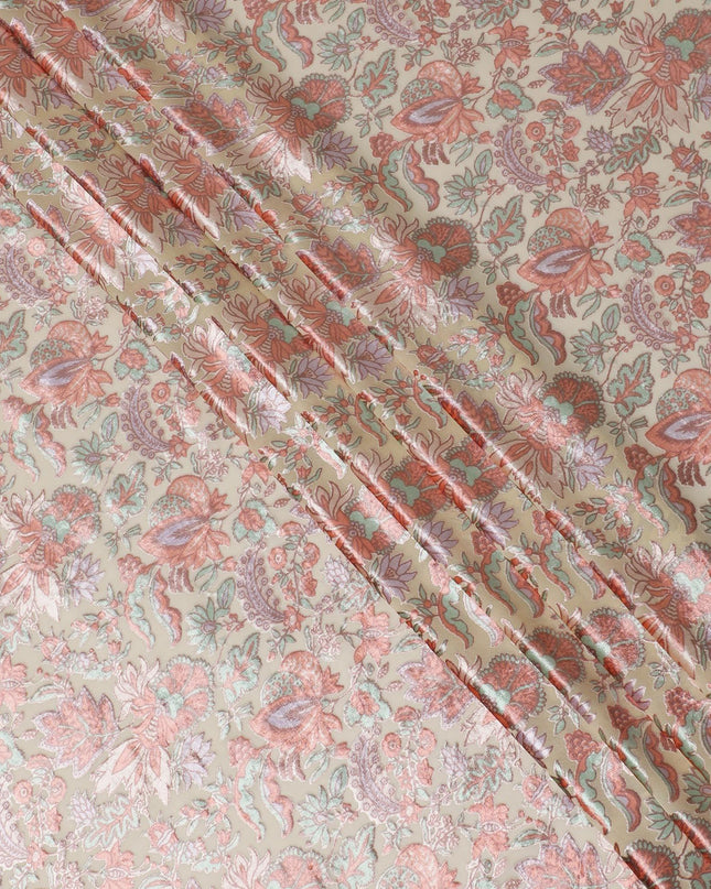 Beige synthetic chiffon fabric with multicolor velvet burnout print in floral design-D14161
