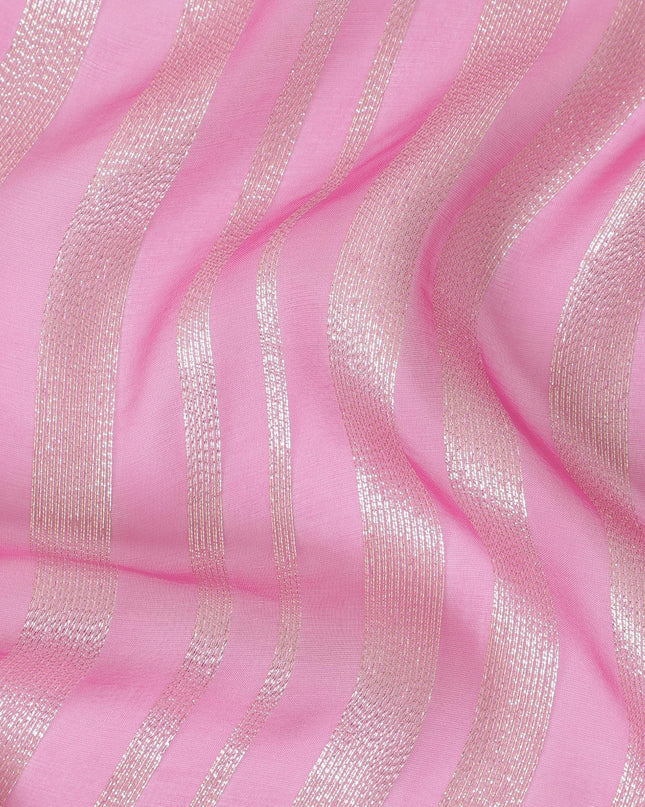 Hot pink Premium pure silk chiffon fabric with gold metallic lurex in stripe design-D12404