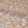 Light brown cotton voile fabric with off white, black, baby pink and beige print in floral design-D6281