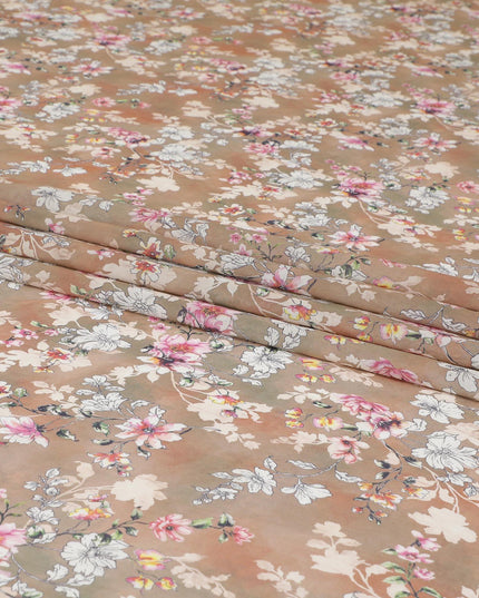 Light brown cotton voile fabric with off white, black, baby pink and beige print in floral design-D6281