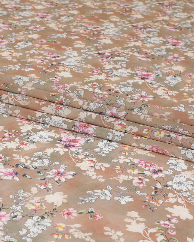 Light brown cotton voile fabric with off white, black, baby pink and beige print in floral design-D6281