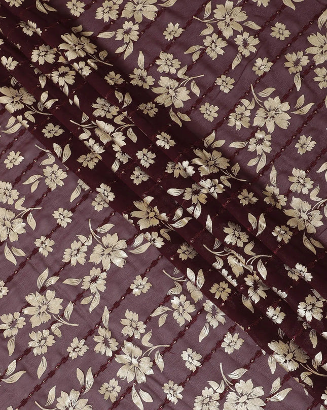 Plum  synthetic georgette fabric with same tone embroidery, gold sequins having gold foil print in floral design-D12233 Regal Fabrics