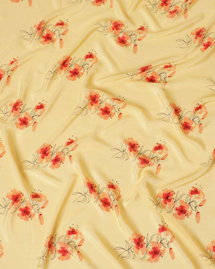 Honey yellow Premium pure silk crepe fabric with peach, orange and black print in floral design-D13852