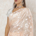 Peach premium pure silk chiffon saree with same tone jacquard having metallic lurex and stone work in floral design-D12592