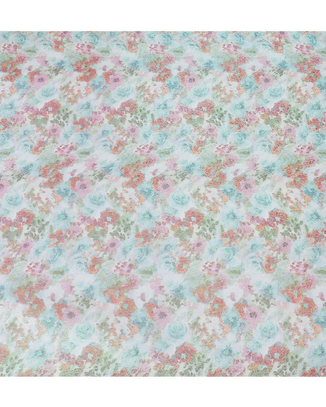 قماش شيفون من الحرير الخالص باللون الأزرق البحري مع طباعة متعددة الألوان مع لوريكس معدني أخضر نيون بتصميم زهور-D15463