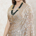 Pale brown Premium pure French silk chiffon saree with pearl river grey viscose and gold metallic lurex in floral design-D10205