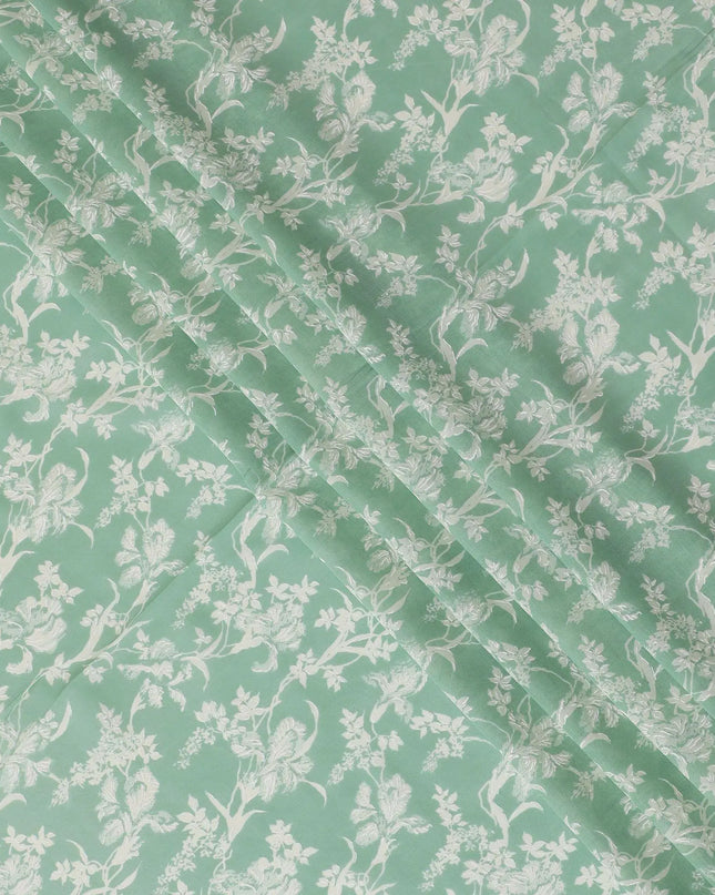 Mint green cotton voile fabric with beige and off white print in floral design-D14839 Regal Fabrics