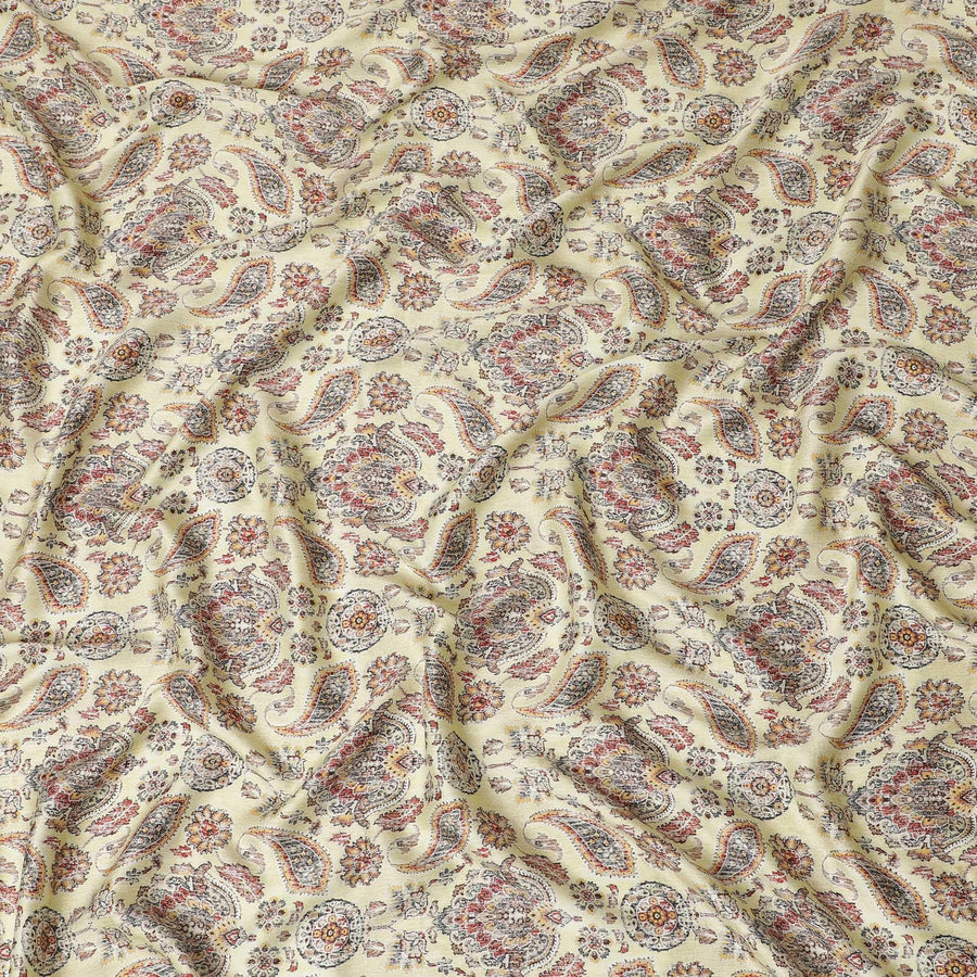 Banana yellow synthetic satin fabric with multicolor print in paisley design-D14174