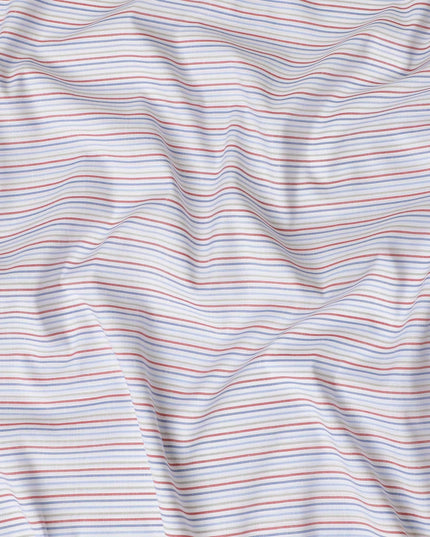 قماش الكتان النقي الفاخر باللون الأبيض الفاتح مع طباعة باللون الأحمر والأزرق والأخضر الغار بتصميم مخطط - D11108