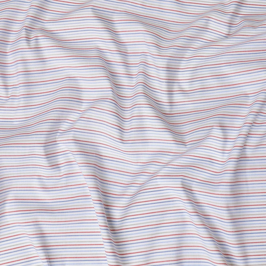 قماش الكتان النقي الفاخر باللون الأبيض الفاتح مع طباعة باللون الأحمر والأزرق والأخضر الغار بتصميم مخطط - D11108