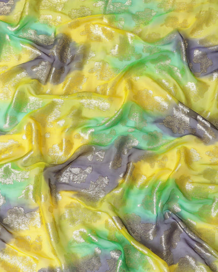 قماش شيفون حريري فرنسي (فرنساوي) فاخر متعدد الألوان مع لوركس معدني ذهبي بتصميم زهور-D14009