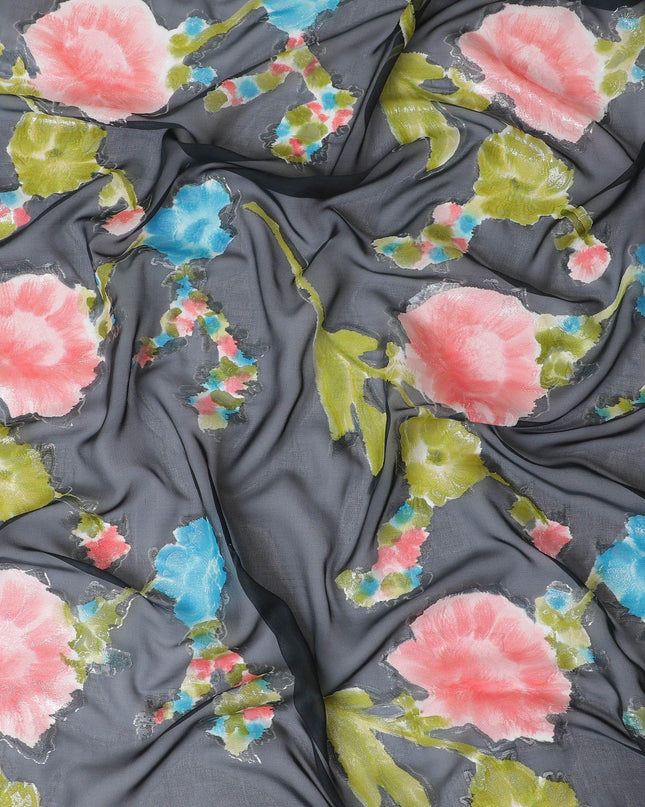 Black hand printed Premium pure silk chiffon with gold metallic lurex and multicolor prints in floral design-D11392