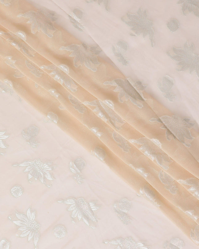 Light peach synthetic chiffon fabric with grey viscose and copper metallic lurex in floral design-D11888