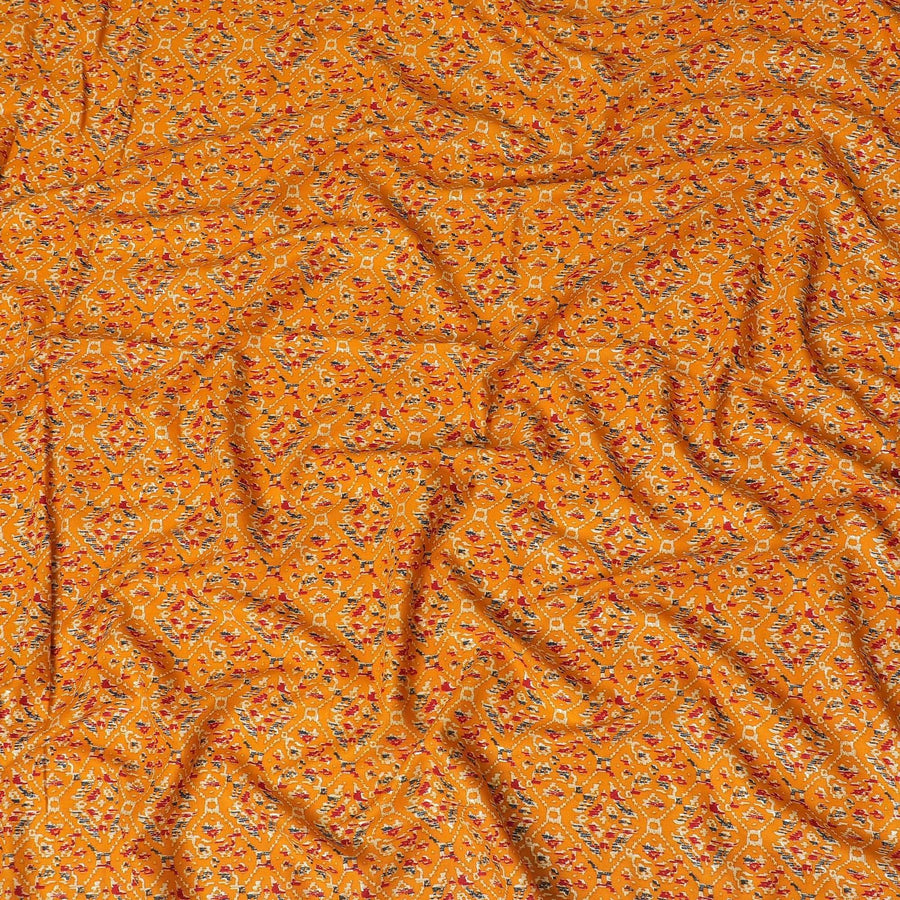 قماش فيسكوز قطني برتقالي الخردل مع طباعة باللون الأسود والبرتقالي والذهبي بتصميم الباتيك-D14195