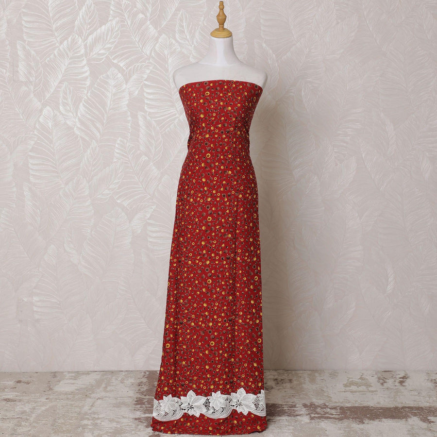 Crimson red blended cotton lawn fabric with brown, gold print having white border embrodiery and stone work in dot design-D14779