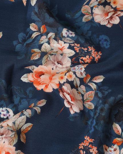 Navy blue premium pure silk crepe fabric with multicolor print in floral design-D13858 Regal Fabrics