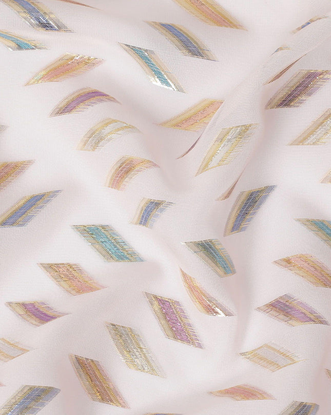 Light pink Premium pure silk chiffon fabric with multicolor metallic lurex in geometric design-D13135