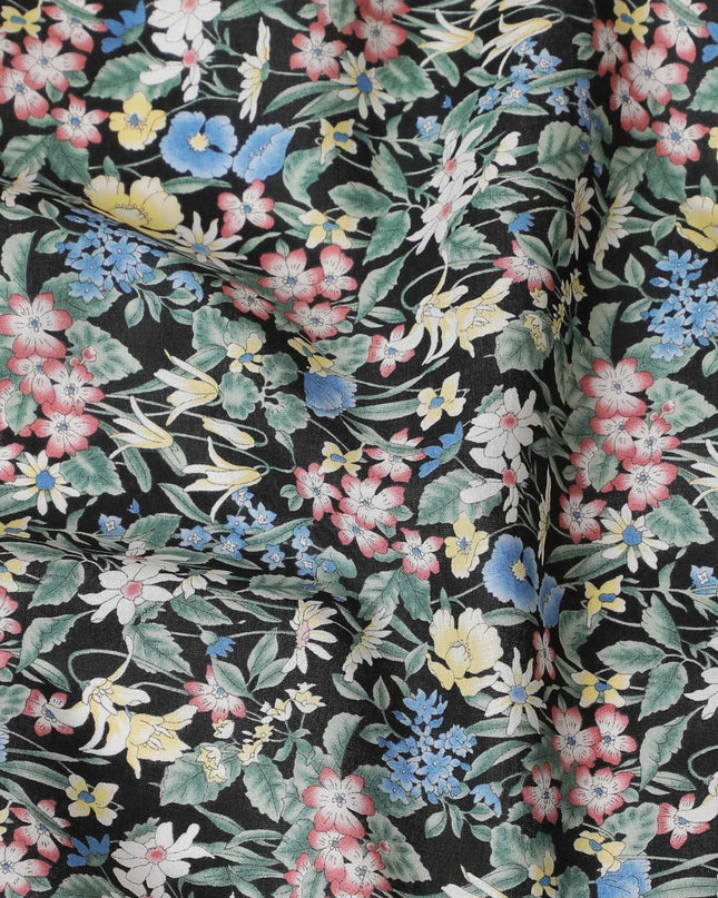 Black cotton lawn fabric with multicolor print in floral design-D15223