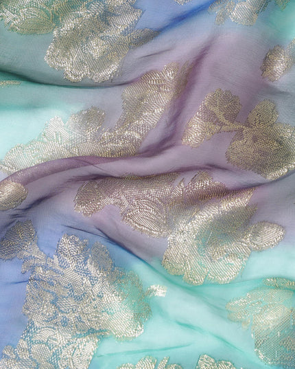 قماش شيفون حريري فرنسي (فرنساوي) فاخر متعدد الألوان مع لوركس معدني ذهبي بتصميم زهور-D14008