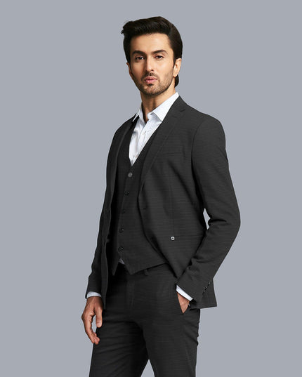 Black Premium English super 150's wool and cashmere suiting fabric with same tone stripe in herringbone design-D11423