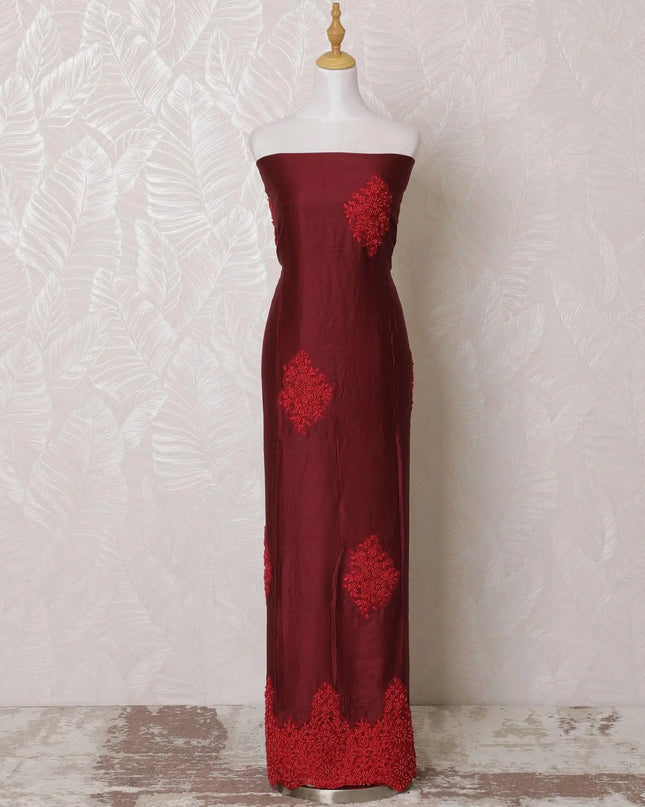 Maroon blended cotton lawn fabric with red embroidery having pearl work in floral design-D15089 Regal Fabrics