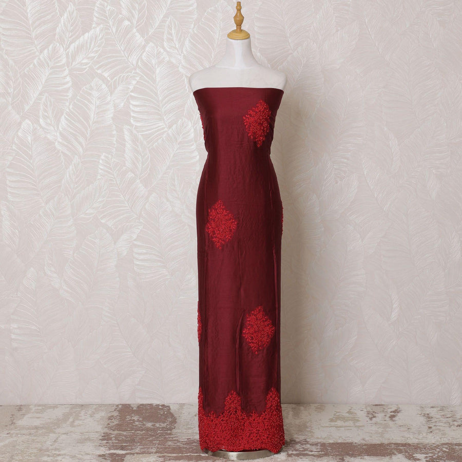 Maroon blended cotton lawn fabric with red embroidery having pearl work in floral design-D15089
