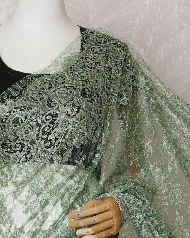 Parrot green, gold, silver Premium pure French metallic chantilly lace saree in floral design-D14556 Regal Fabrics