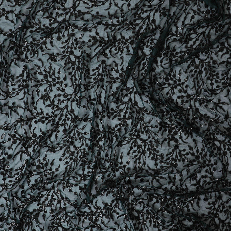 Bottle green premium pure silk chiffon fabric with black sequin embroidery in floral design-D13198