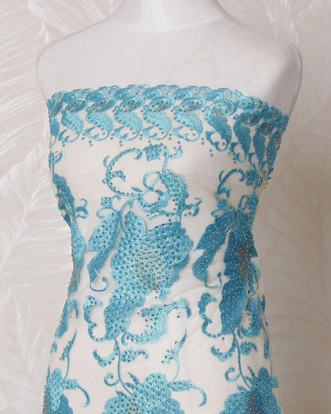 Gold nylon tulle fabric with baby blue embroidery having stone work in fancy design-D14704 Regal Fabrics