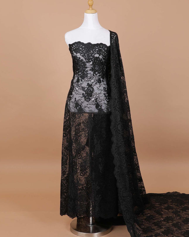 Black lace fabric with same tone embroidery in floral design-D9187