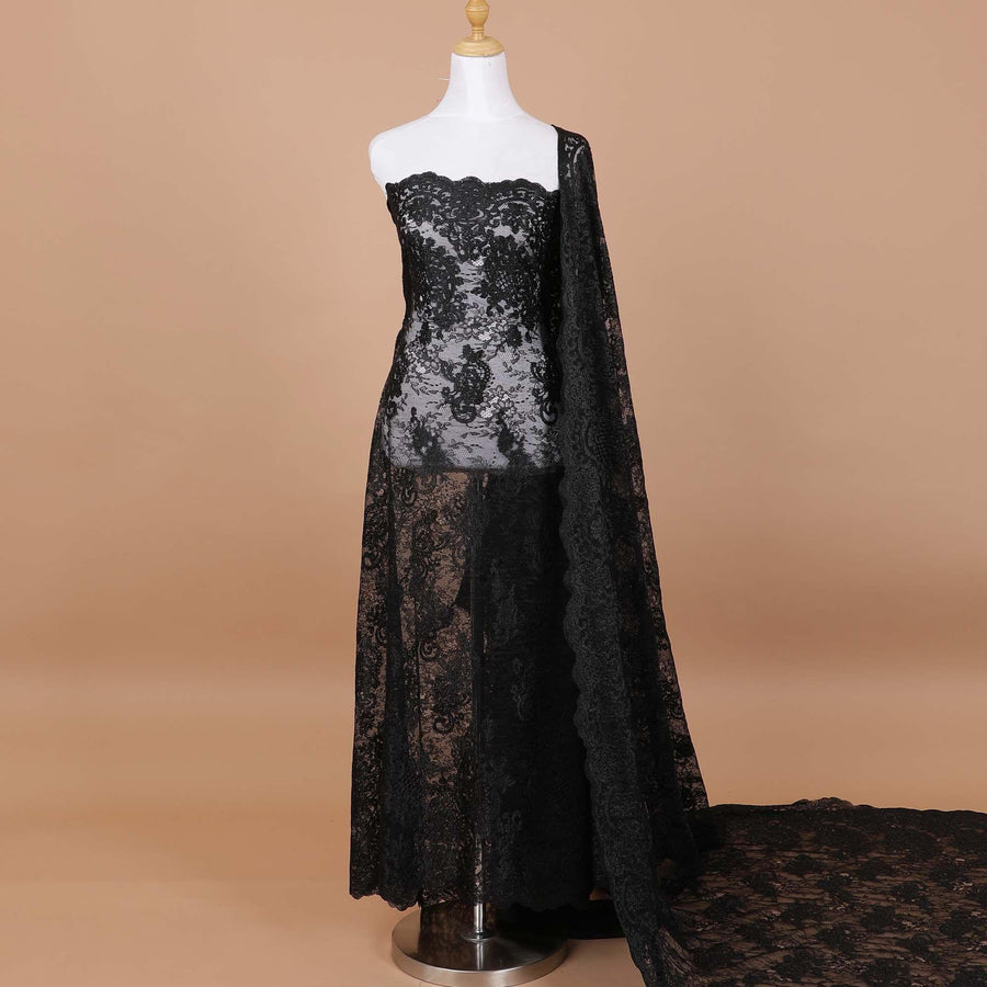 Black lace fabric with same tone embroidery in floral design-D9187