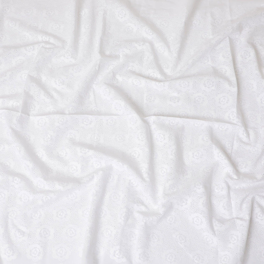 White Premium pure cotton voile fabric with same tone embroidery in floral design-D13617