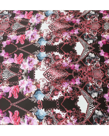 Black premium pure Italian silk satin fabric with multicolor print in floral design-D13746