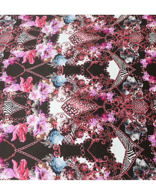 Black premium pure Italian silk satin fabric with multicolor print in floral design-D13746