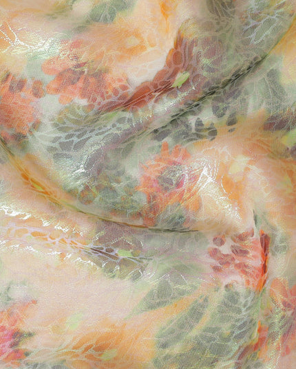 قماش شيفون حريري نقي فاخر متعدد الألوان مع لوريكس معدني أخضر نيون بتصميم زهور-D15462