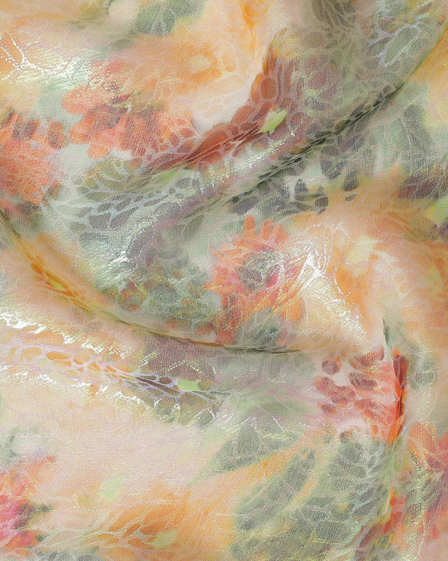 قماش شيفون حريري نقي فاخر متعدد الألوان مع لوريكس معدني أخضر نيون بتصميم زهور-D15462