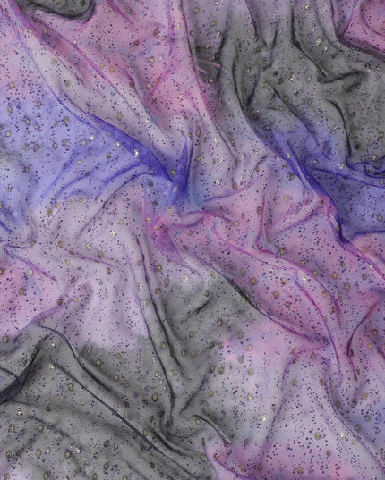 Heart purple, Royal blue silk chiffon fabric with purple glitter and gold metallic lurex in fancy design