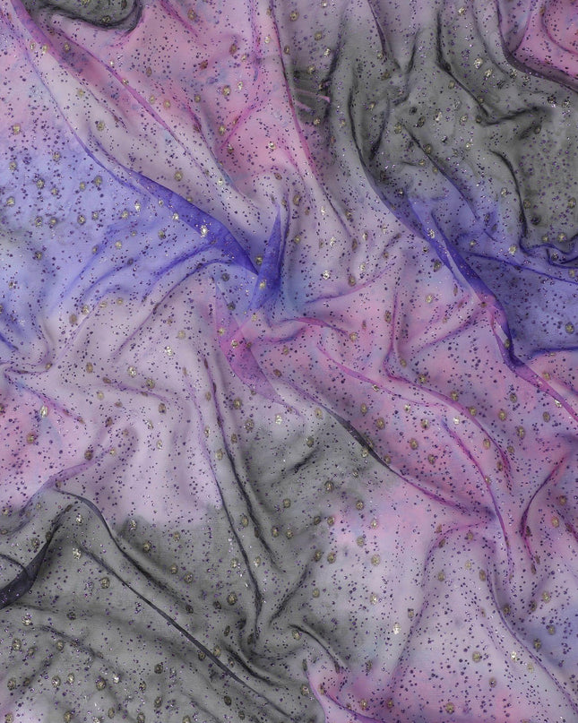 Heart purple, Royal blue silk chiffon fabric with purple glitter and gold metallic lurex in fancy design