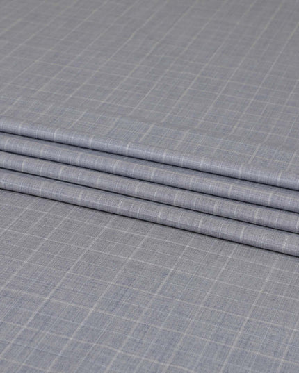 Powder blue Super 150's English all wool suiting fabric with beige checks design-D6842 Regal Fabrics