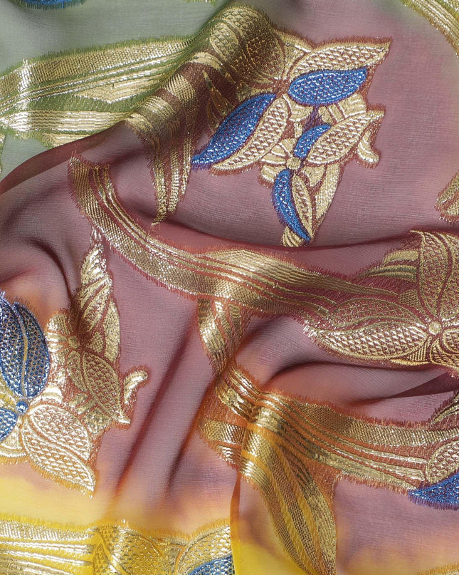 قماش شيفون حريري فرنسي (فرنساوي) فاخر متعدد الألوان مع لوركس معدني ذهبي بتصميم زهور-D14020