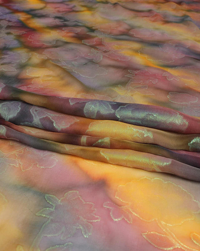 قماش شيفون حريري نقي فاخر متعدد الألوان مع لوريكس معدني أخضر نيون بتصميم زهور-D9283
